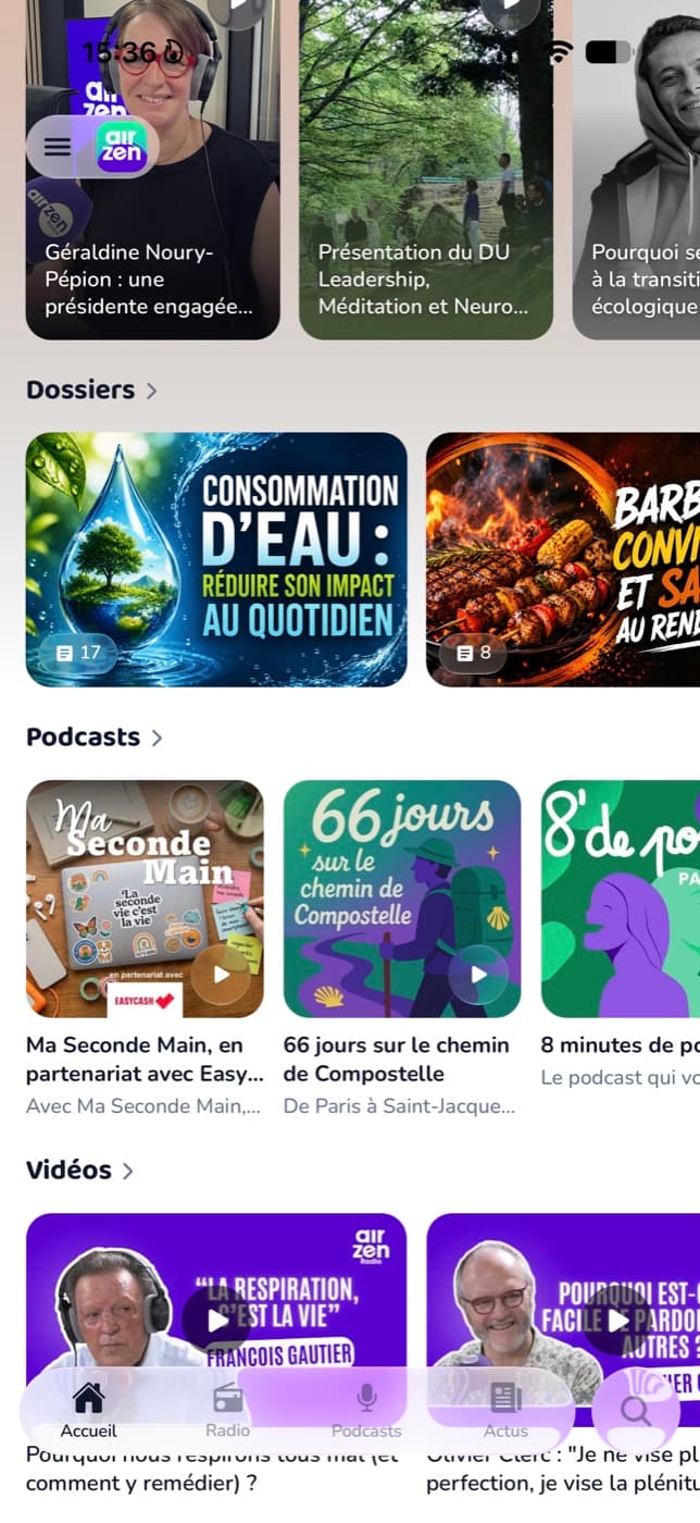 Écran d’accueil de l’application mobile AirZen : dossiers, podcasts et vidéos