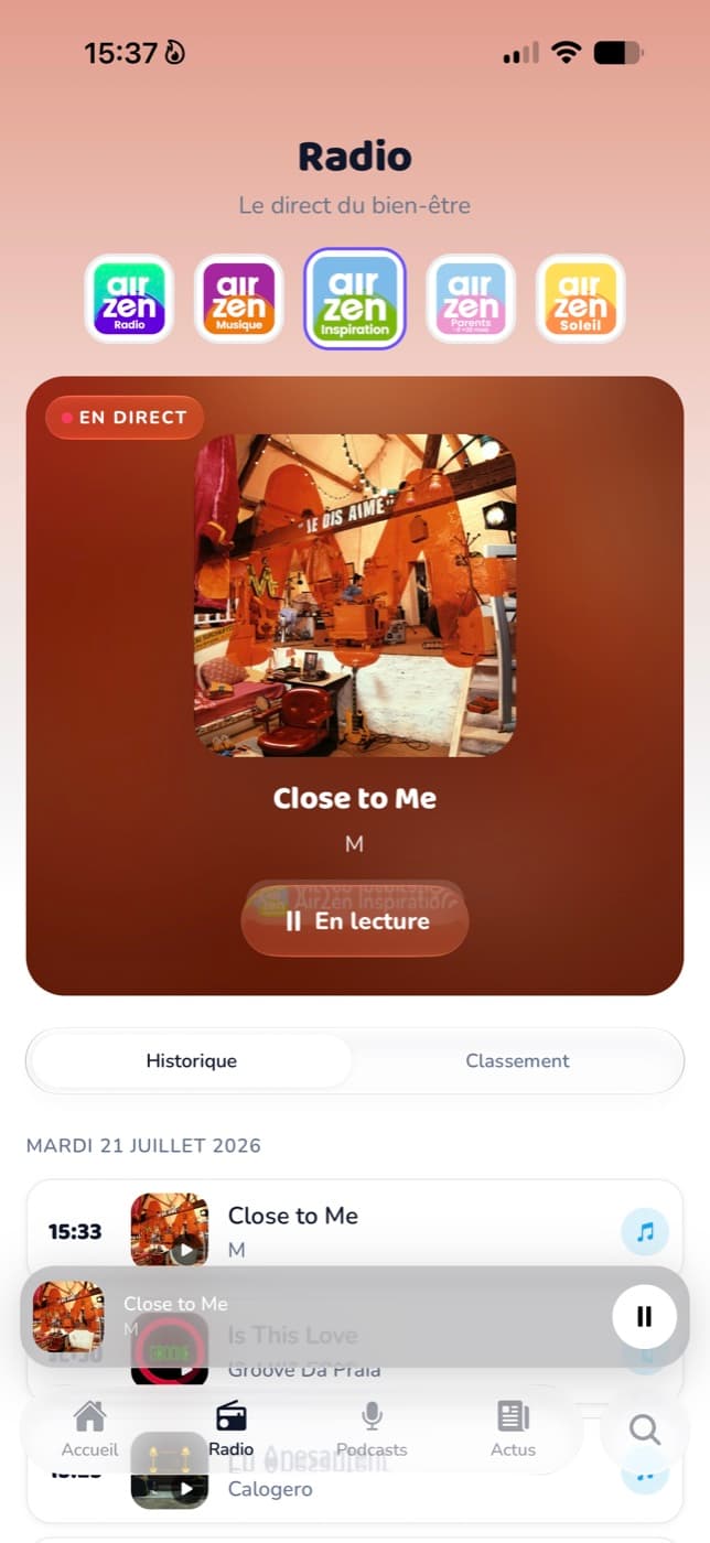 Écran des radios en direct dans l’application AirZen