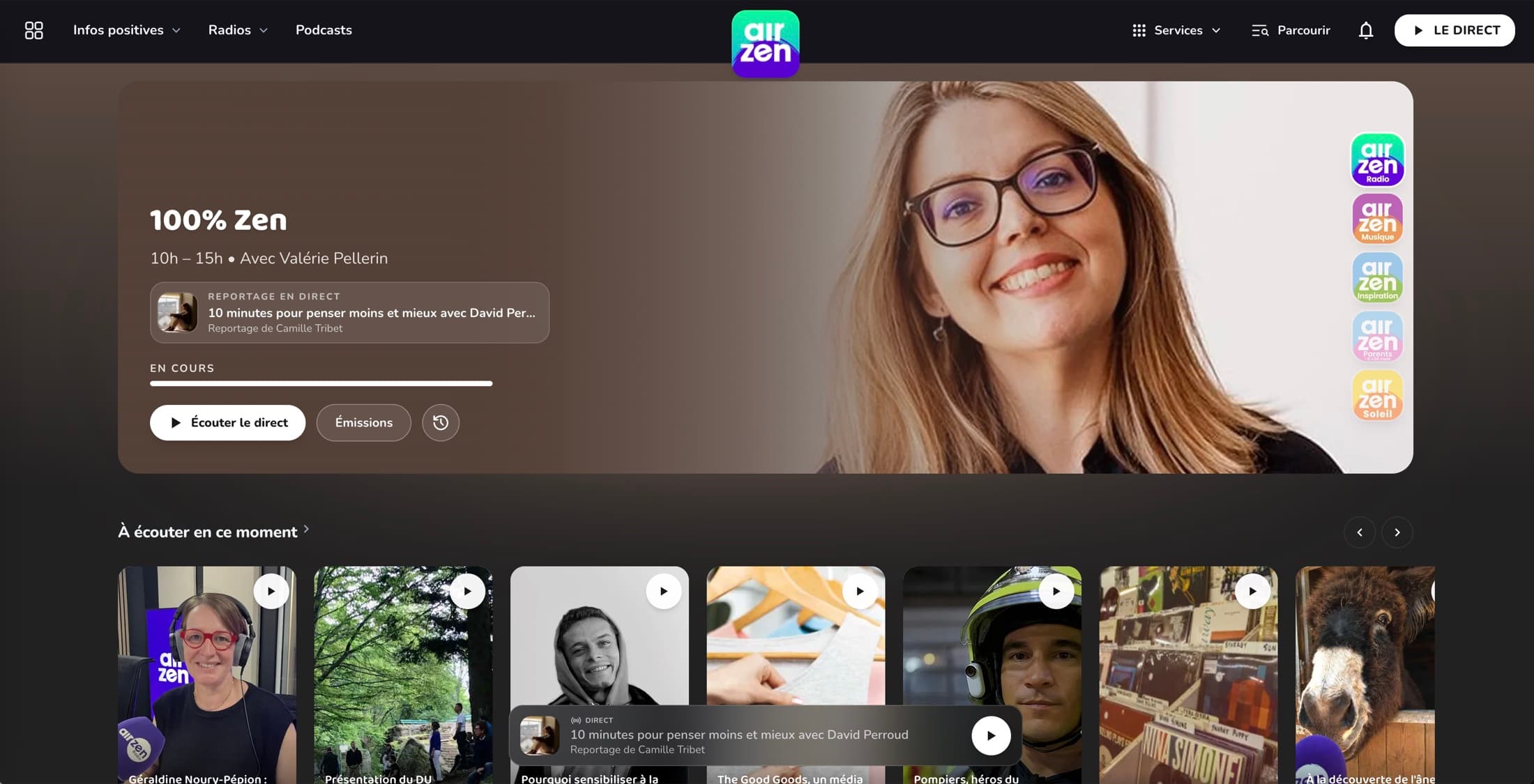 Page d’accueil AirZen Radio en thème sombre : émission en cours, sélection à écouter, webradios