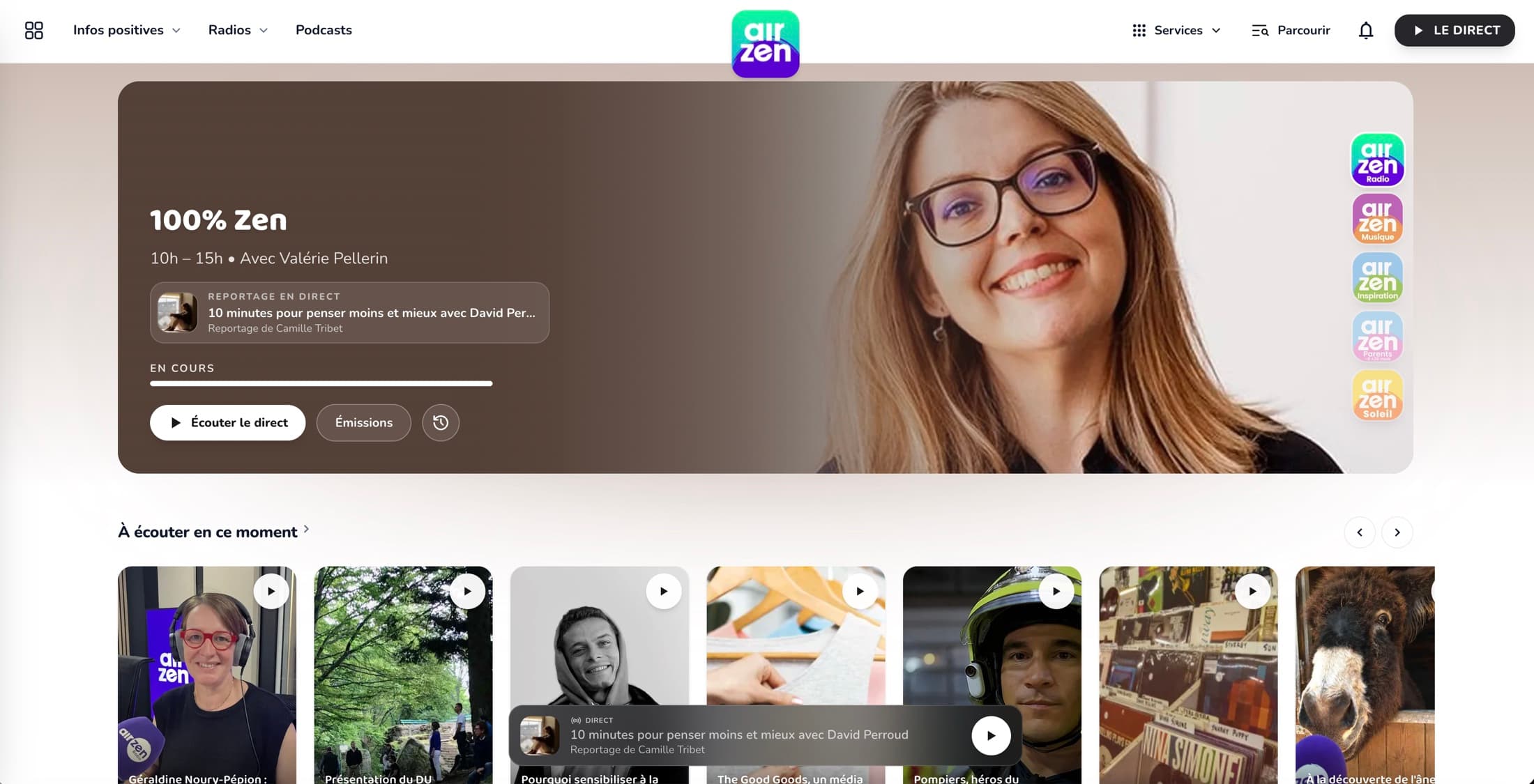 La même page d’accueil AirZen Radio en thème clair
