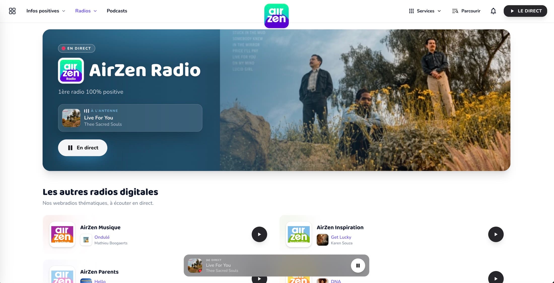 Page Radios d’AirZen : direct de l’antenne principale et webradios thématiques Musique, Inspiration, Parents, Soleil