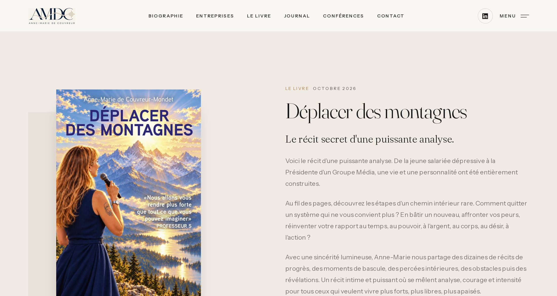 Section « Le livre » de l’accueil : couverture de « Déplacer des montagnes » et présentation « Le récit secret d’une puissante analyse »
