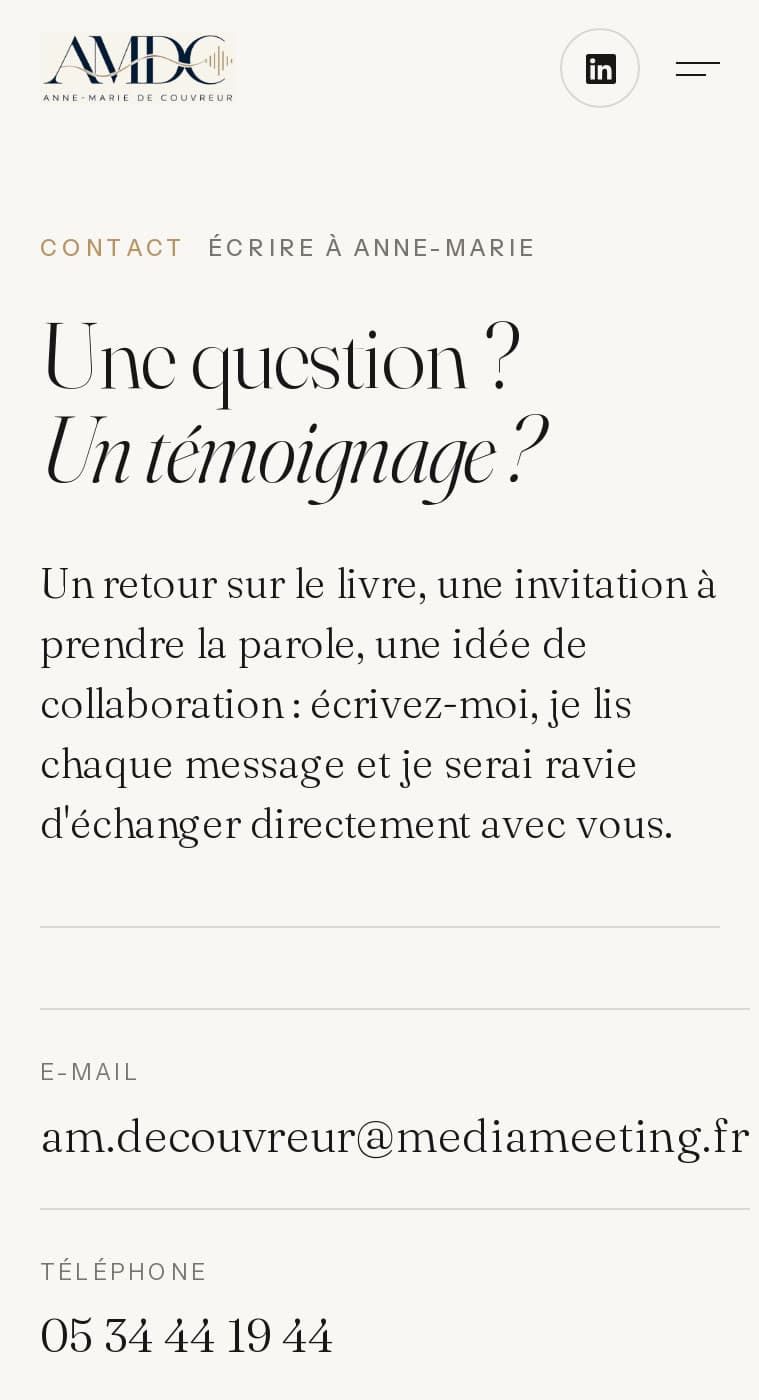 Page Contact sur mobile
