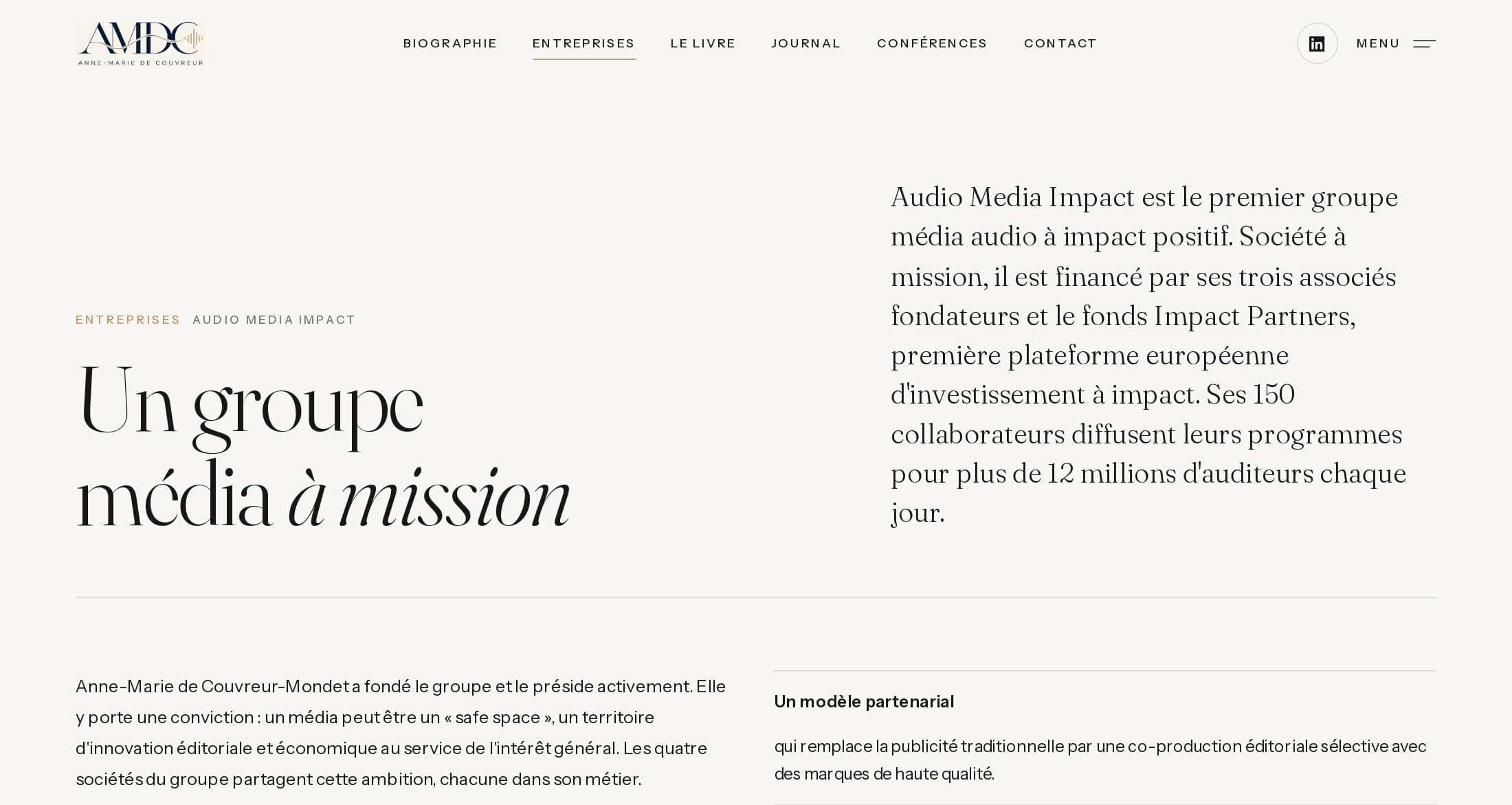 Page Entreprises : « Un groupe média à mission », présentation d’Audio Media Impact et de son modèle partenarial