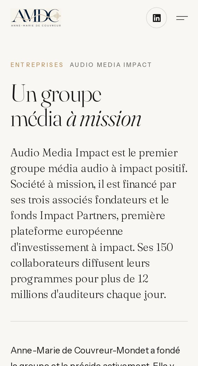Page Entreprises sur mobile