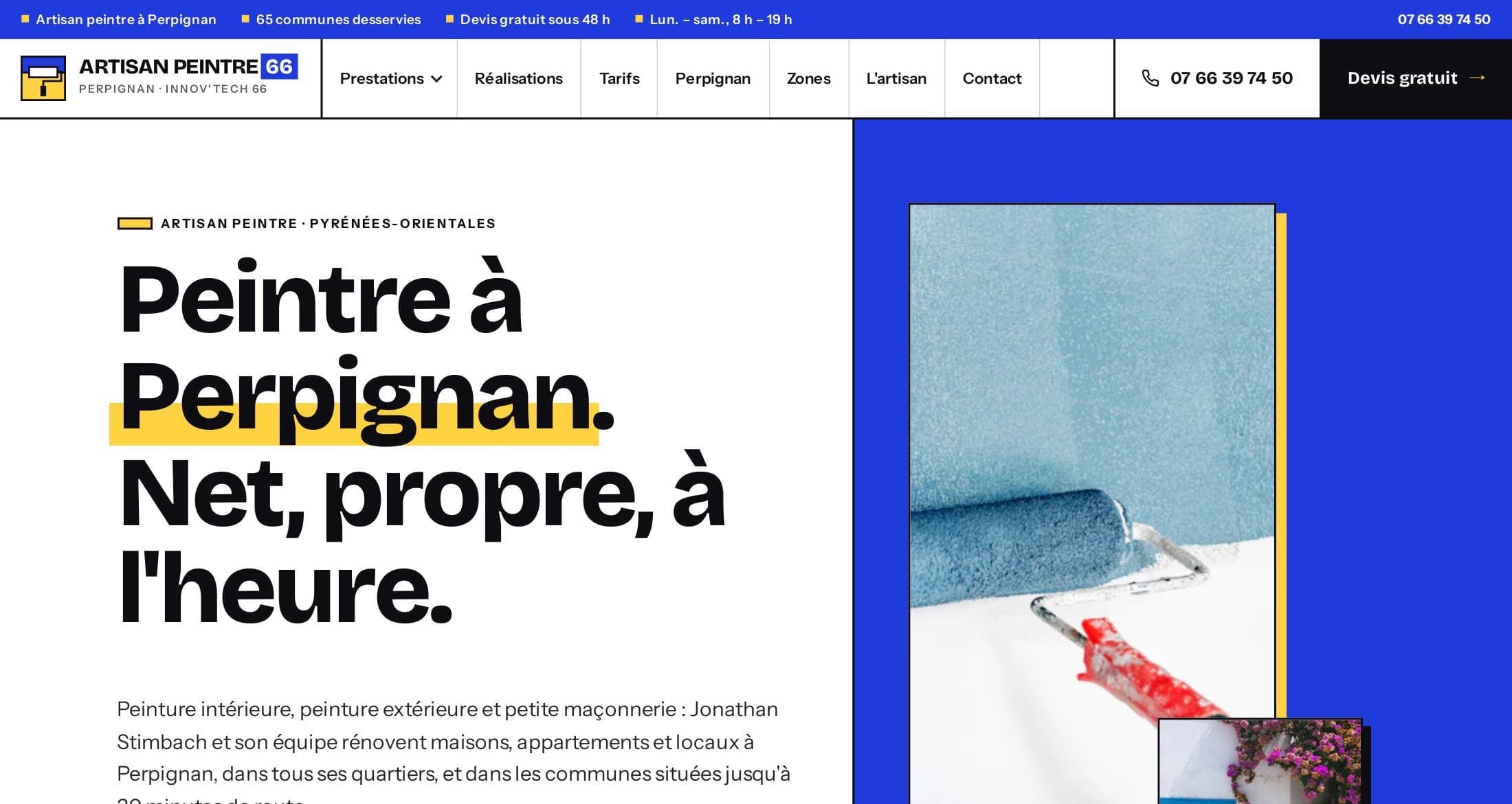 Accueil d'artisan-peintre66.fr : « Peintre à Perpignan. Net, propre, à l'heure. », bandeau cobalt, rouleau de peinture bleue, bouton jaune Demander un devis gratuit