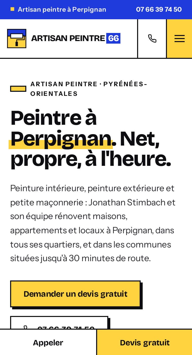 Accueil d'artisan-peintre66.fr sur mobile : titre en grotesque, mot Perpignan surligné de jaune, boutons de devis et d'appel