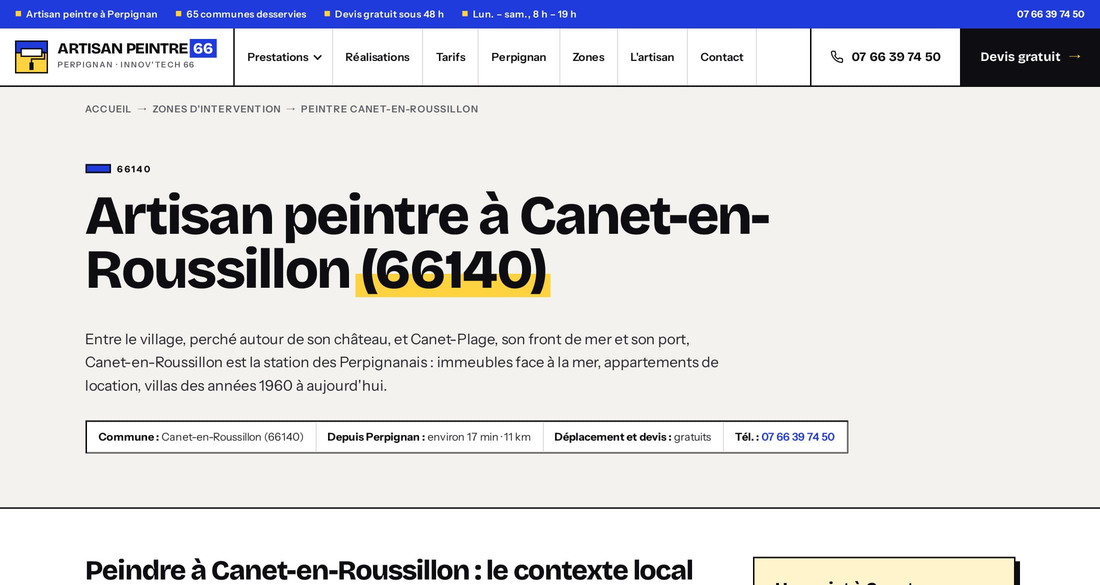 Page « Artisan peintre à Canet-en-Roussillon (66140) » : fiche commune, temps de trajet depuis Perpignan, contexte du littoral