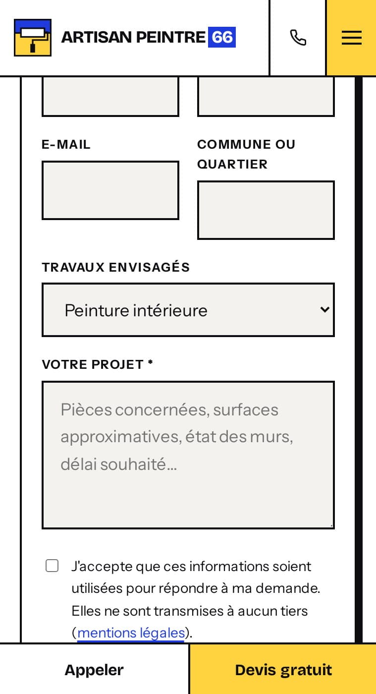 Formulaire de demande de devis sur mobile
