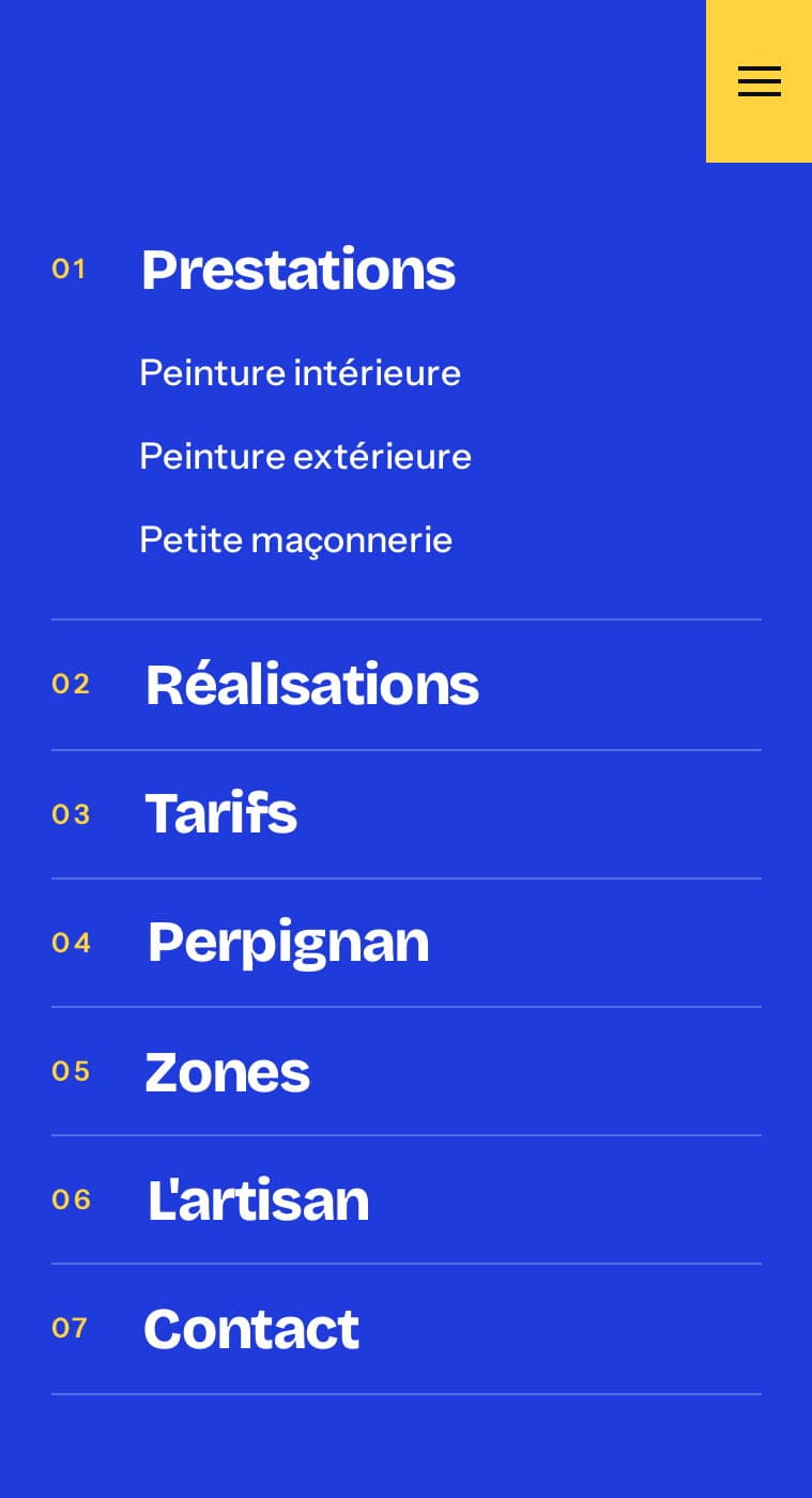 Menu mobile d'artisan-peintre66.fr : plein écran cobalt, liens numérotés 01 à 07