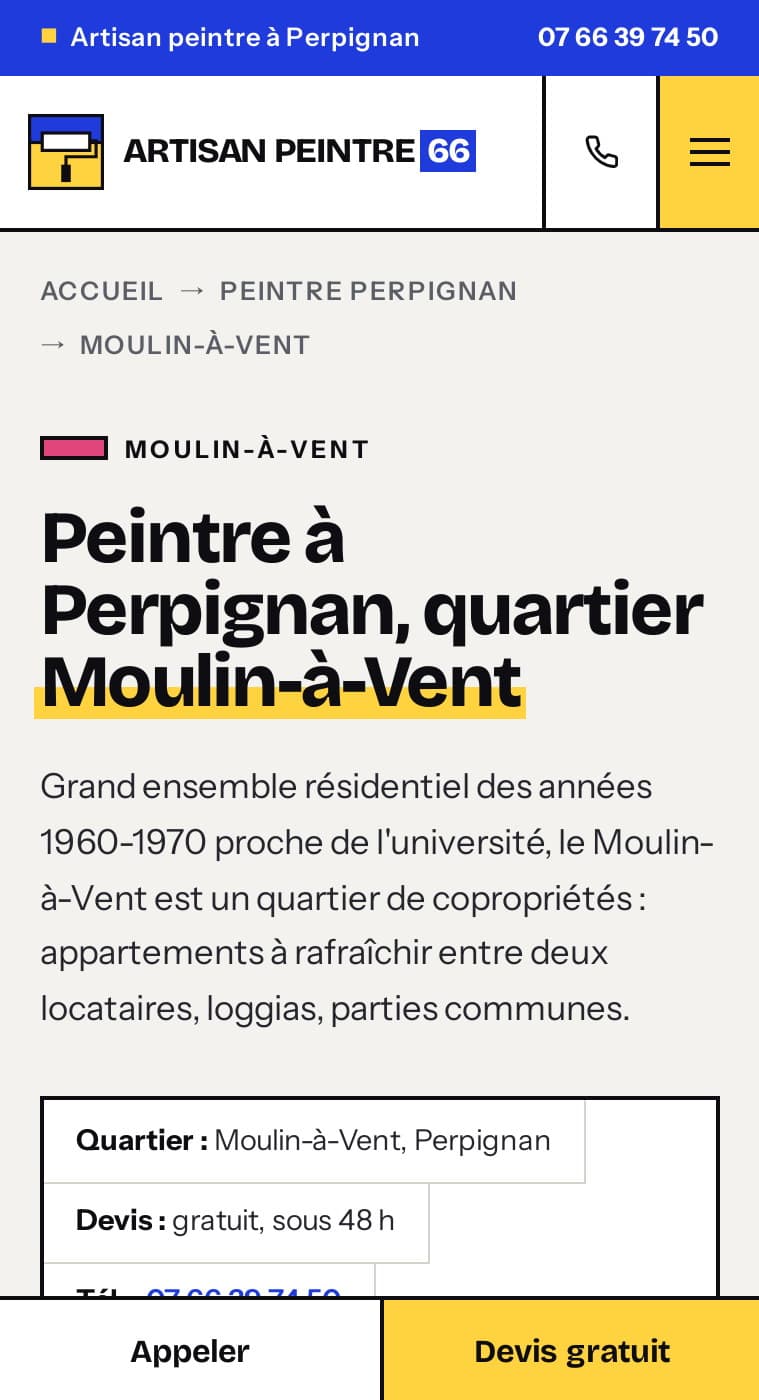 Page « Peintre à Perpignan, quartier Moulin-à-Vent » sur mobile