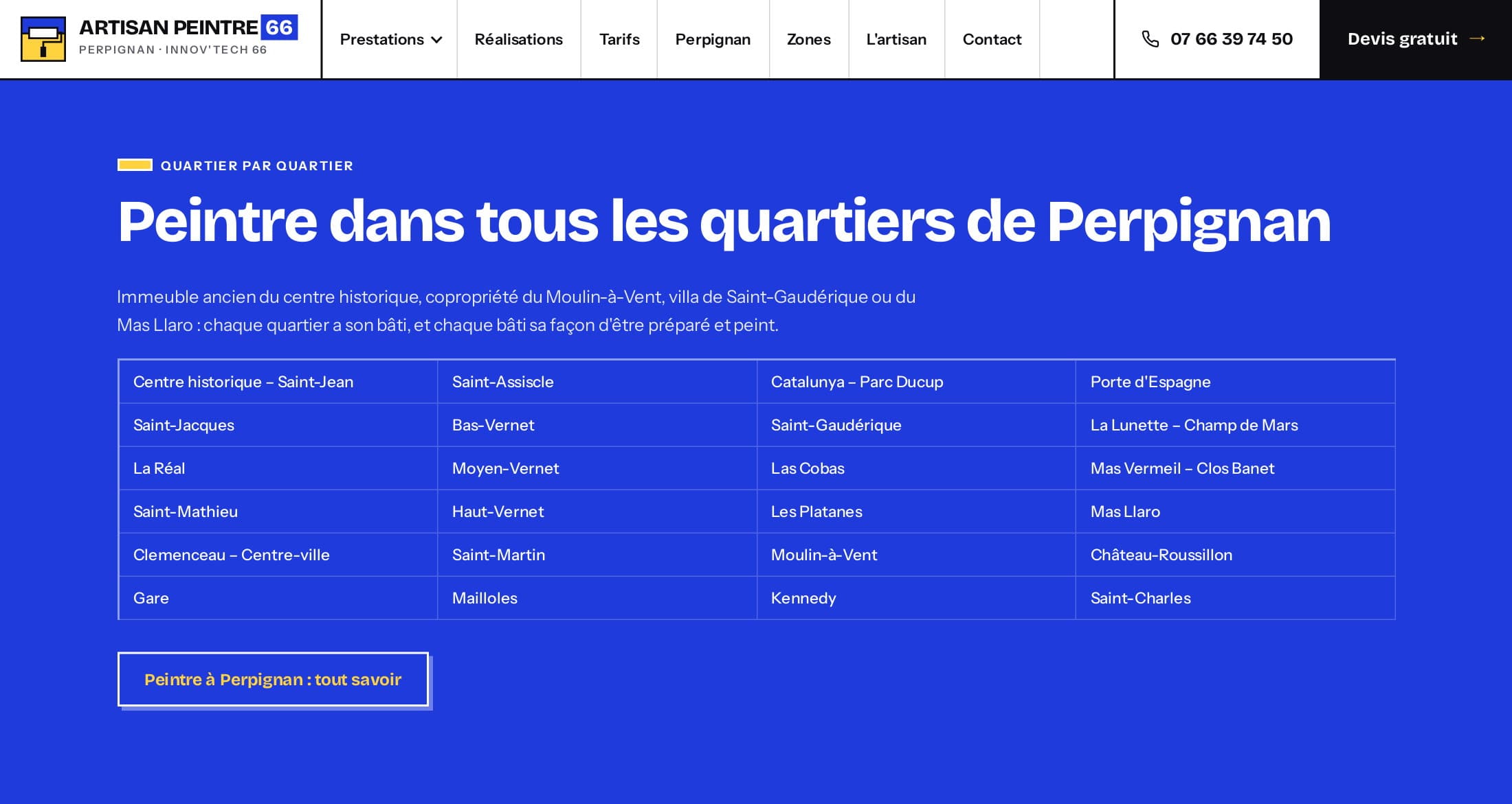 Section « Peintre dans tous les quartiers de Perpignan » sur fond cobalt : la liste des 24 quartiers en grille
