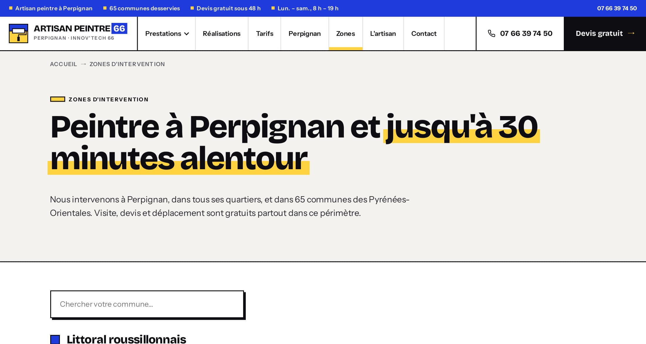 Page Zones d'intervention : champ « Chercher votre commune » et communes regroupées par terroir avec leur temps de trajet