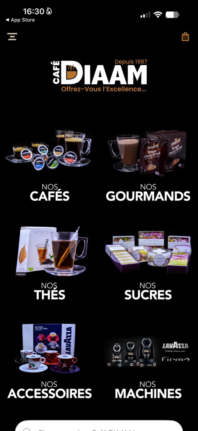 Accueil de l’application Café DIAAM : nos cafés, gourmands, thés, sucres, accessoires et machines