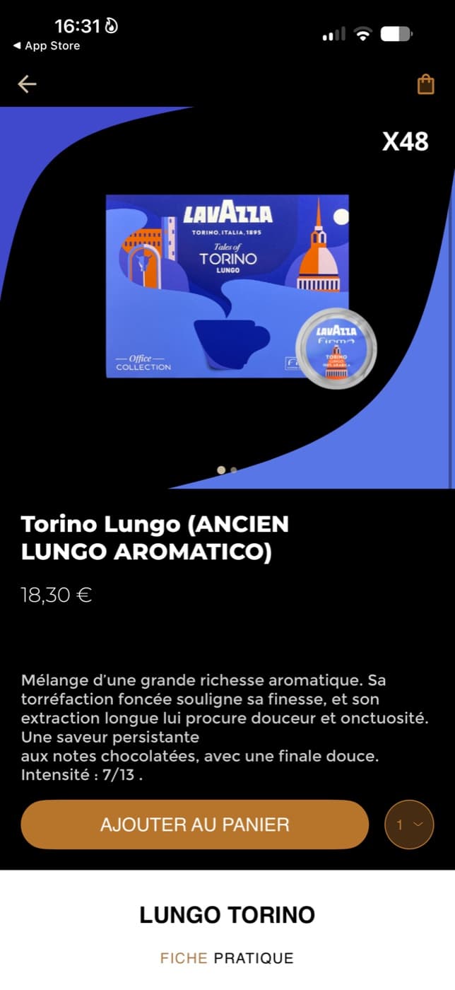 Fiche produit Torino Lungo dans l’application Café DIAAM : prix, description, intensité et ajout au panier