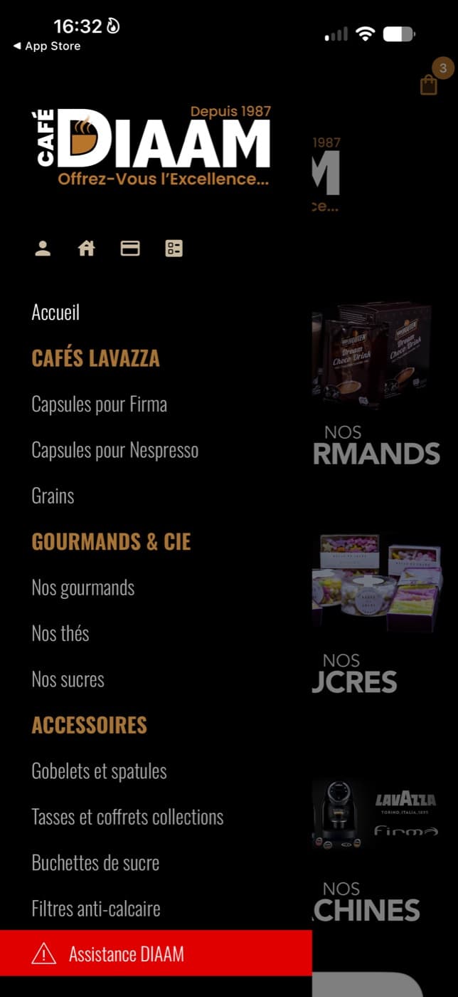 Menu de navigation Café DIAAM : cafés Lavazza, gourmands, thés, sucres, accessoires et assistance