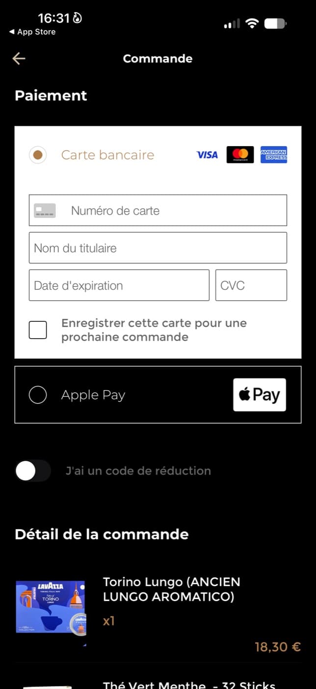 Écran de paiement de l’application Café DIAAM : carte bancaire, Apple Pay et code de réduction