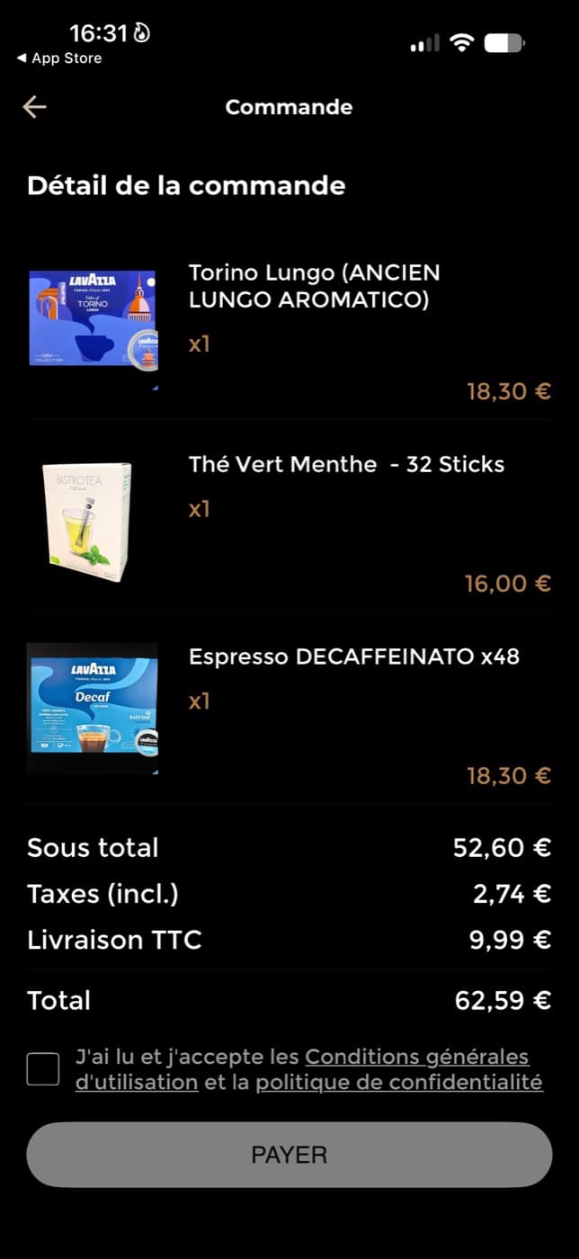 Récapitulatif de commande Café DIAAM : sous-total, taxes, livraison et total à payer