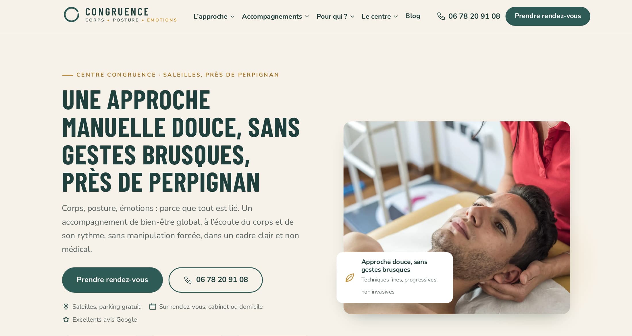 Accueil du nouveau site osteo-therapie-perpignan.com : « Une approche manuelle douce, sans gestes brusques, près de Perpignan », boutons Prendre rendez-vous et téléphone, photo de séance