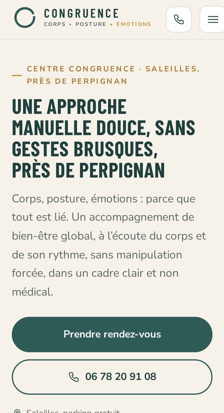 Accueil du nouveau site sur mobile : emblème Congruence, titre condensé, boutons Prendre rendez-vous et 06 78 20 91 08