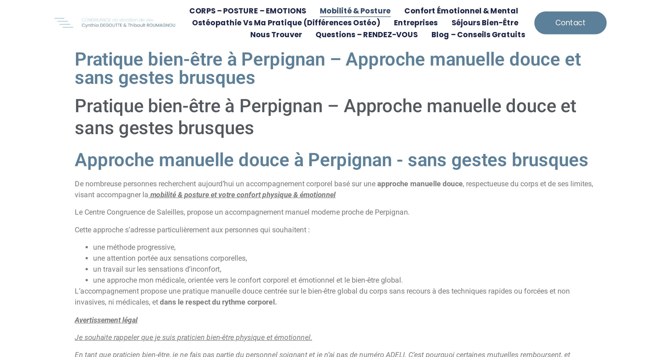 Ancienne page « Pratique bien-être à Perpignan » : le titre affiché trois fois, en trois tailles, avant le premier paragraphe