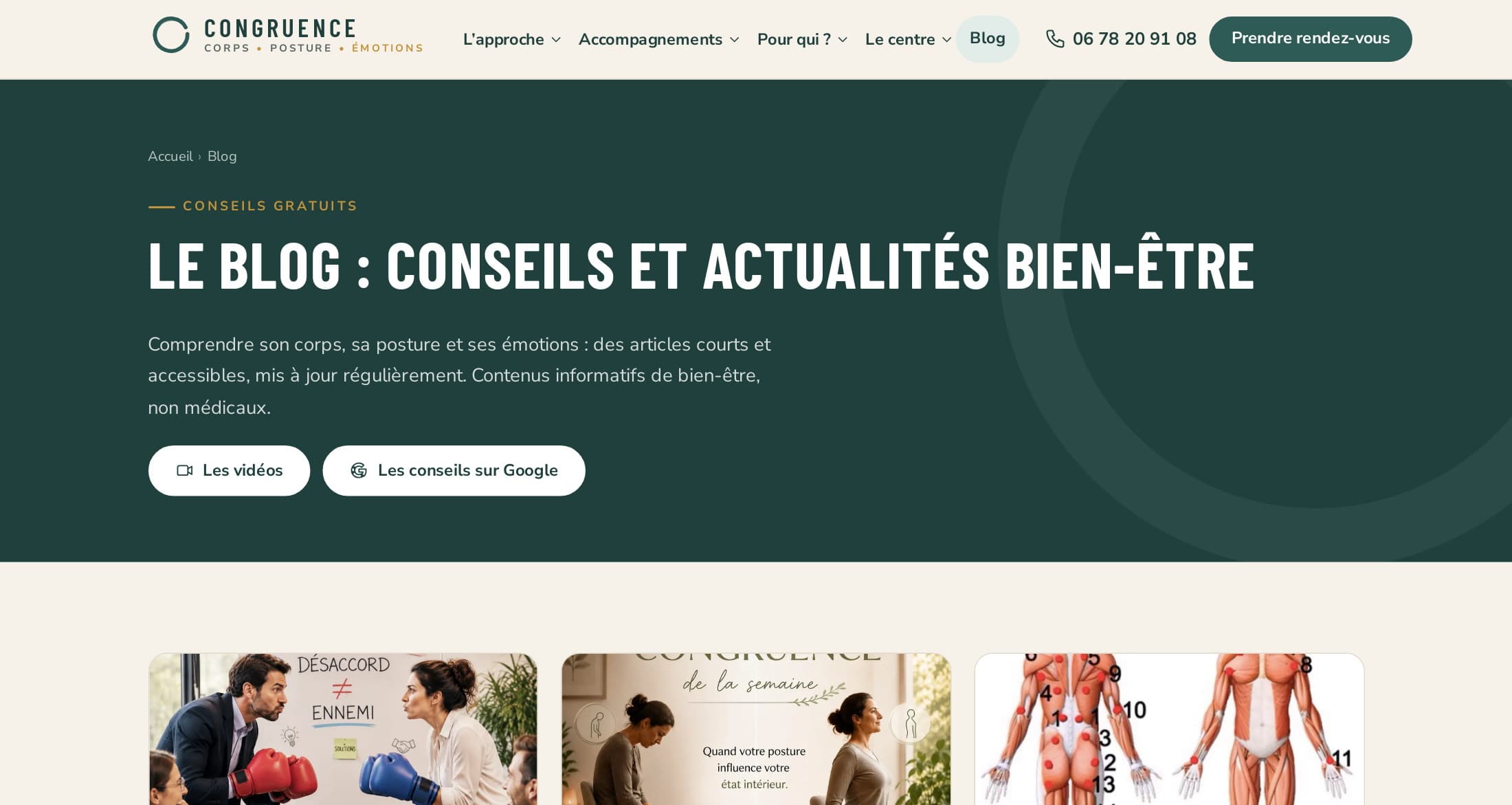 Le blog du nouveau site : « Le blog : conseils et actualités bien-être », grille d’articles avec images et dates