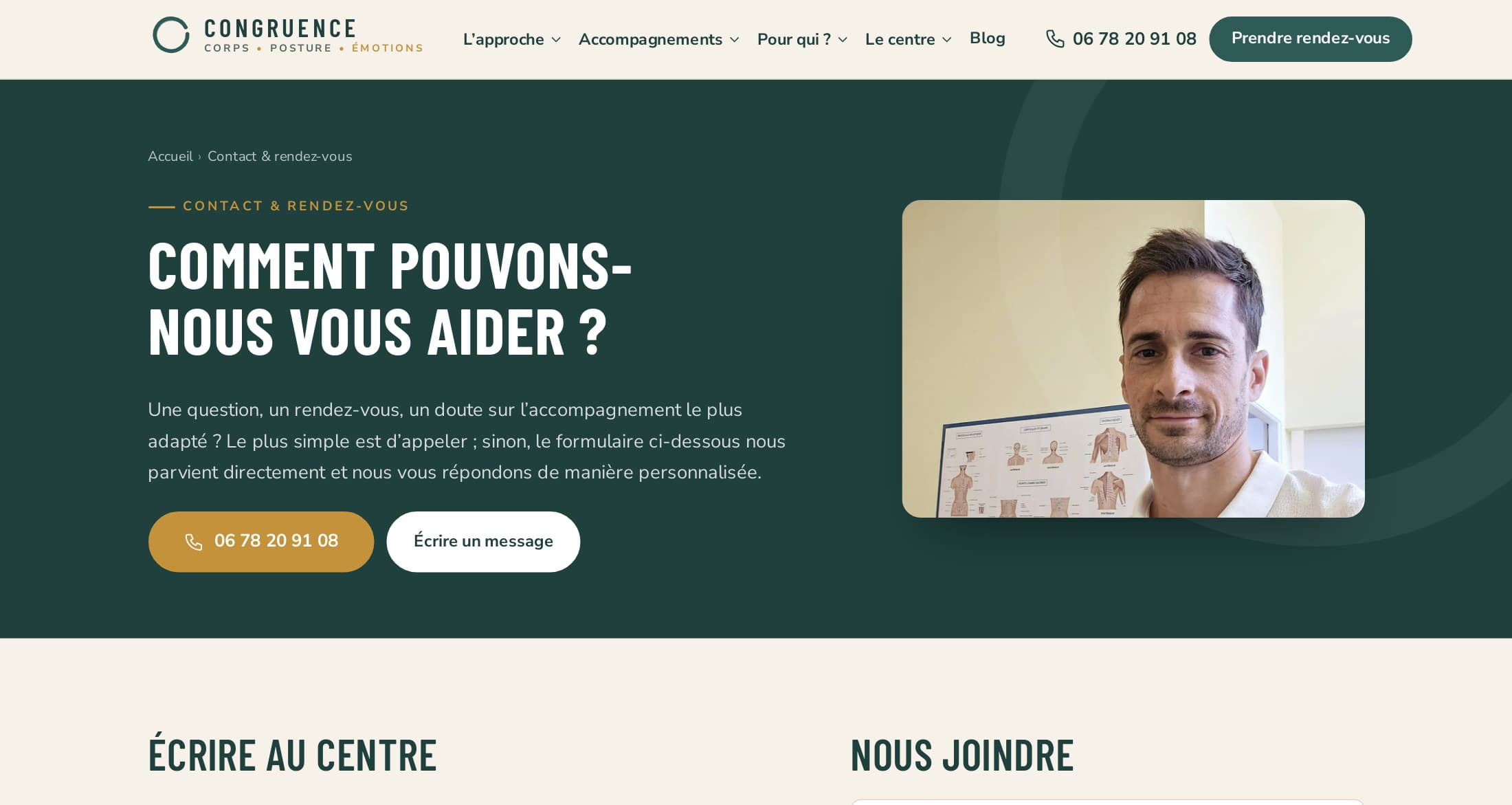 Page Contact du nouveau site : « Comment pouvons-nous vous aider ? », bouton téléphone, formulaire et portrait du praticien