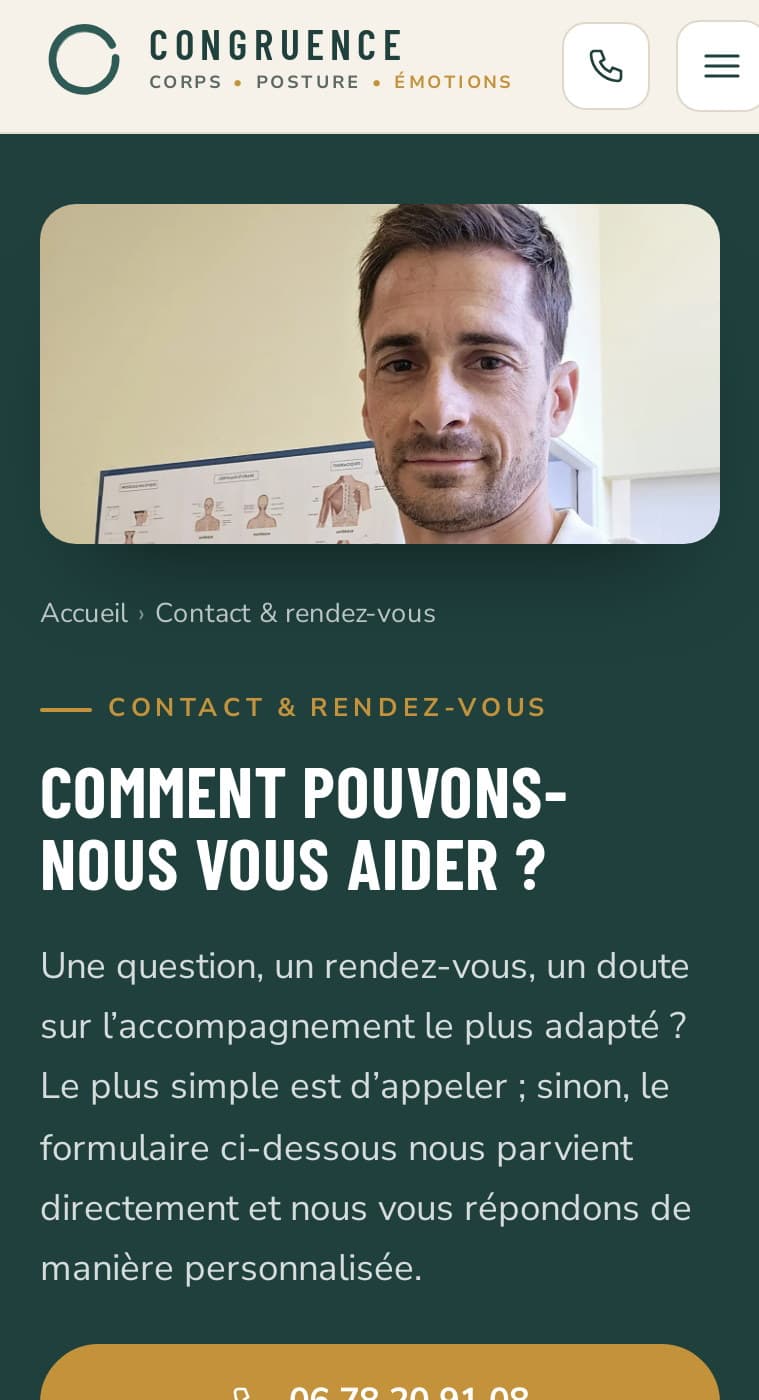 Page Contact sur mobile : portrait, titre et bouton téléphone