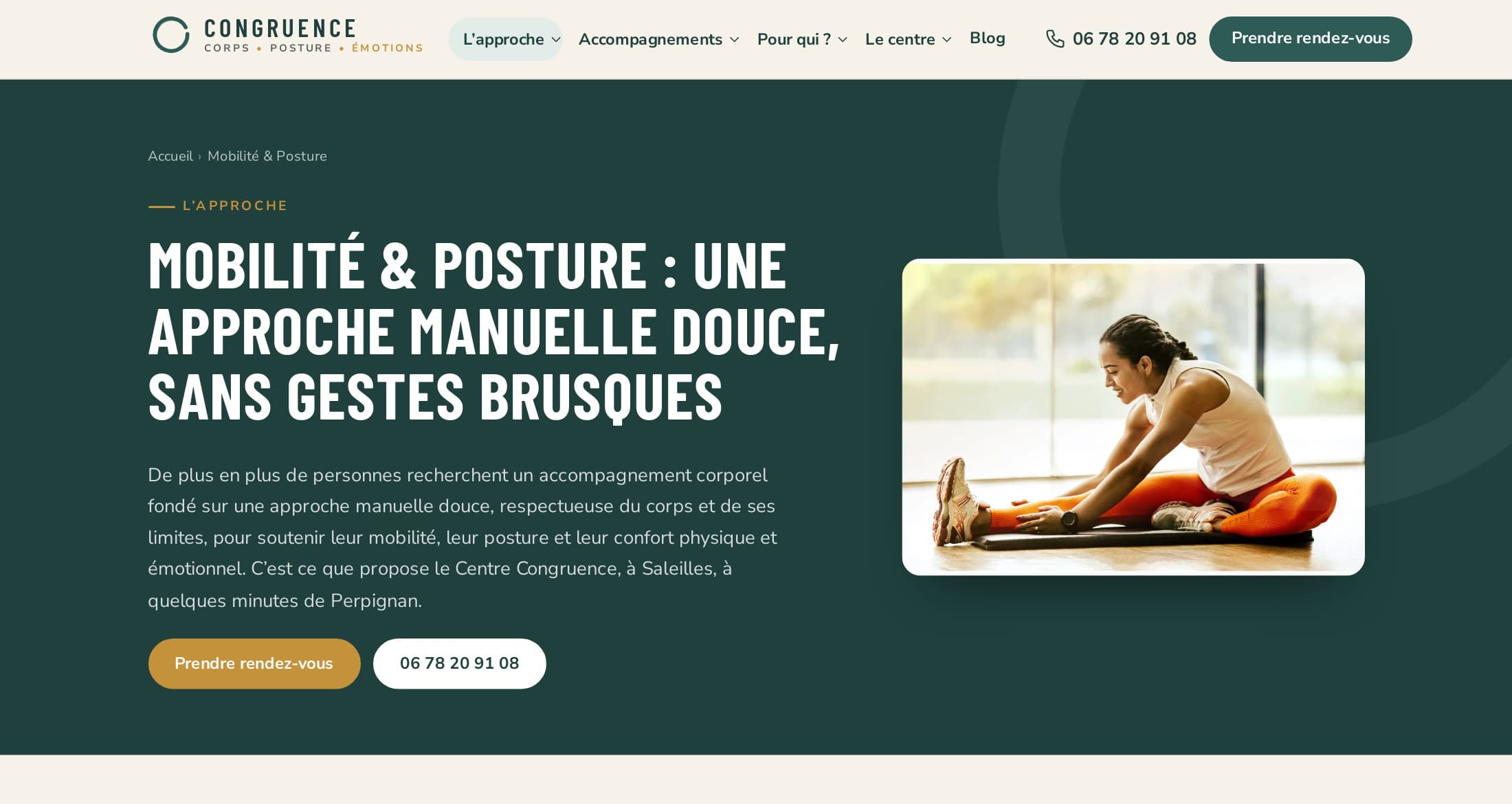 La même page après refonte : « Mobilité & Posture : une approche manuelle douce, sans gestes brusques », un seul titre, photo d’étirement