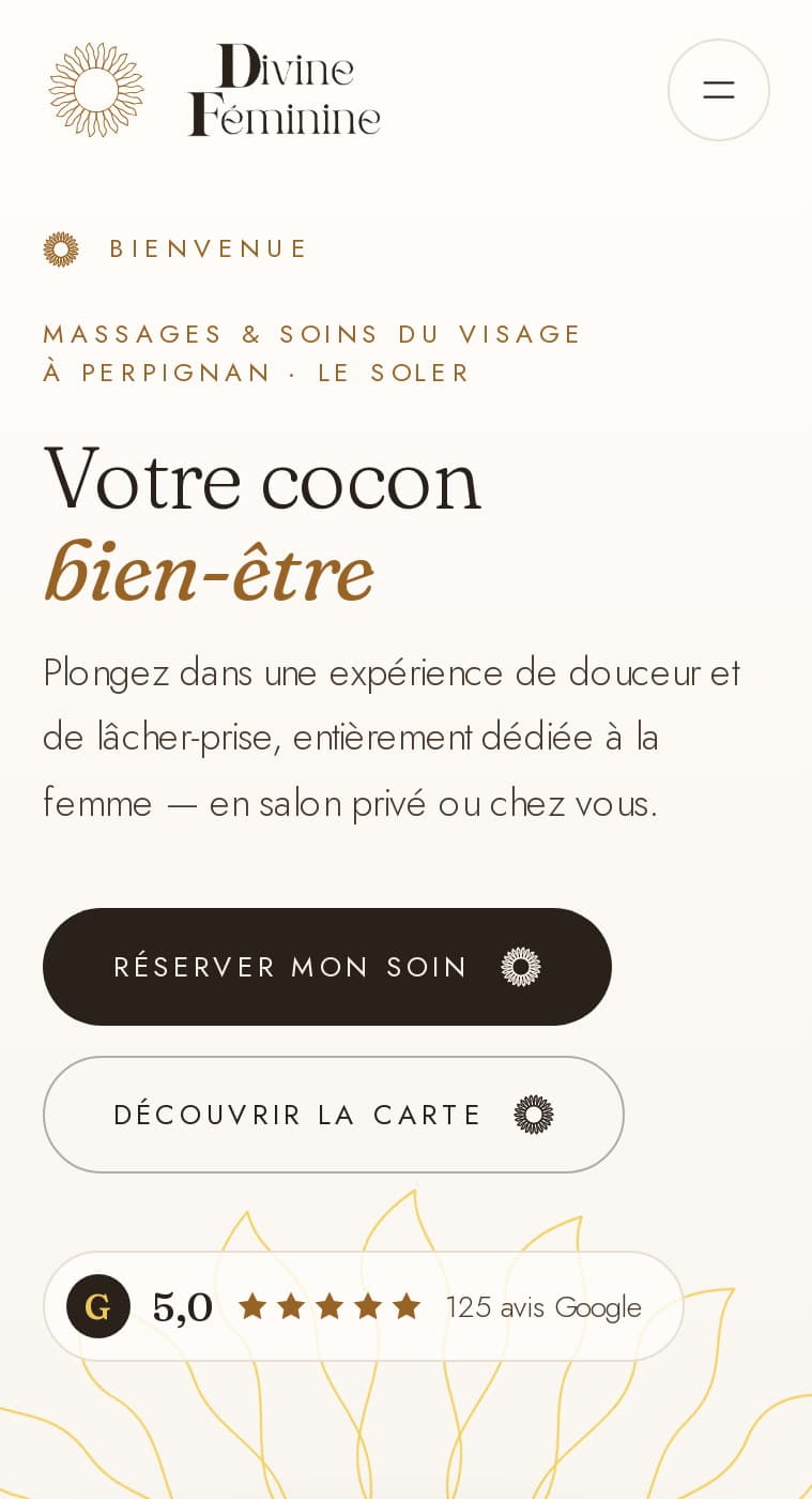 Accueil du nouveau site sur mobile : logo, salutation, titre en Fraunces, boutons Réserver mon soin et Découvrir la carte, pastille des avis Google