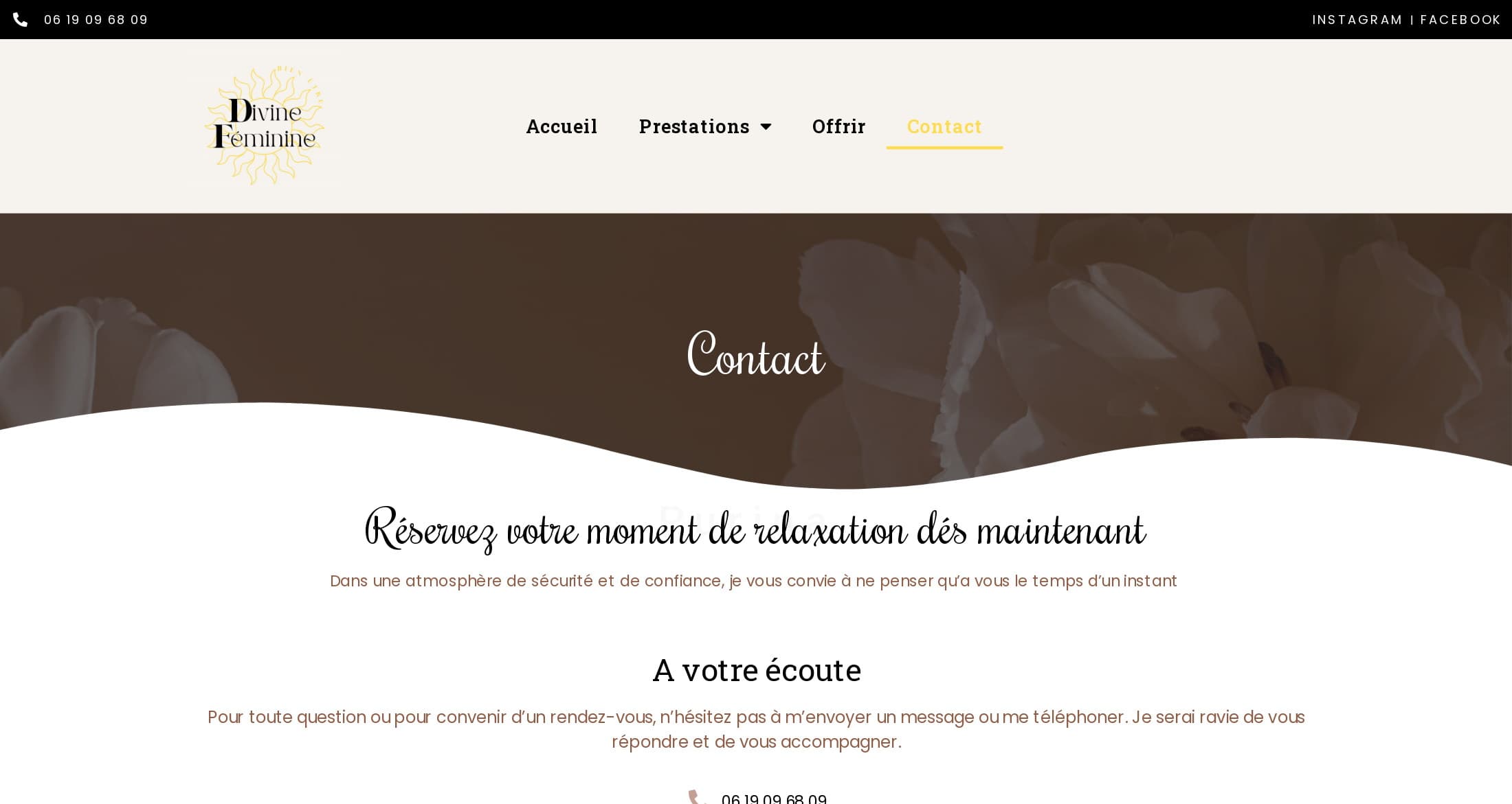 Ancienne page Contact : bandeau brun « Contact » en écriture manuscrite découpé par une vague, puis un titre manuscrit et des paragraphes centrés