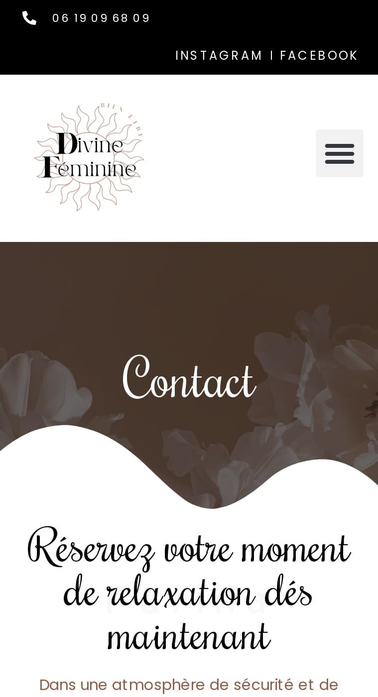 Ancienne page Contact sur mobile : barre noire, logo, bandeau brun « Contact » en écriture manuscrite