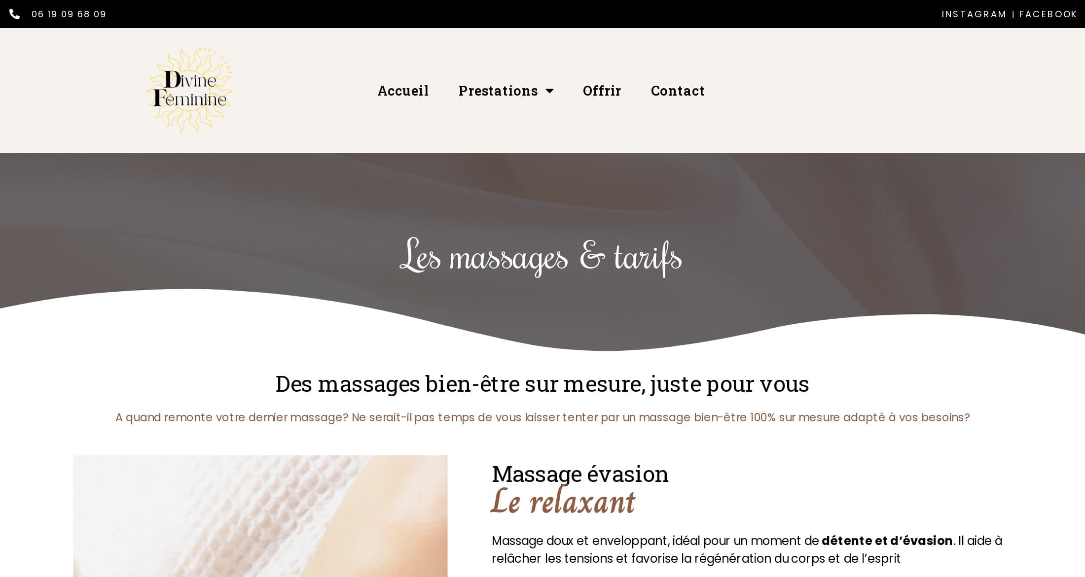 Ancienne page des massages sous Elementor : barre noire de coordonnées, logo carré, bandeau gris « Les massages & tarifs » en écriture manuscrite découpé par une vague