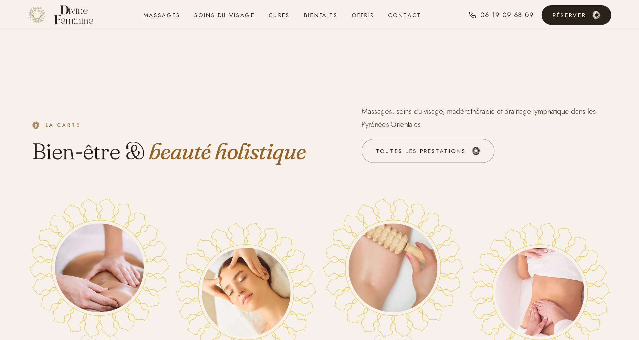 Section « Bien-être & beauté holistique » : quatre photos de soins dans des disques, chacune entourée d’une corolle de rayons jaunes, en quinconce