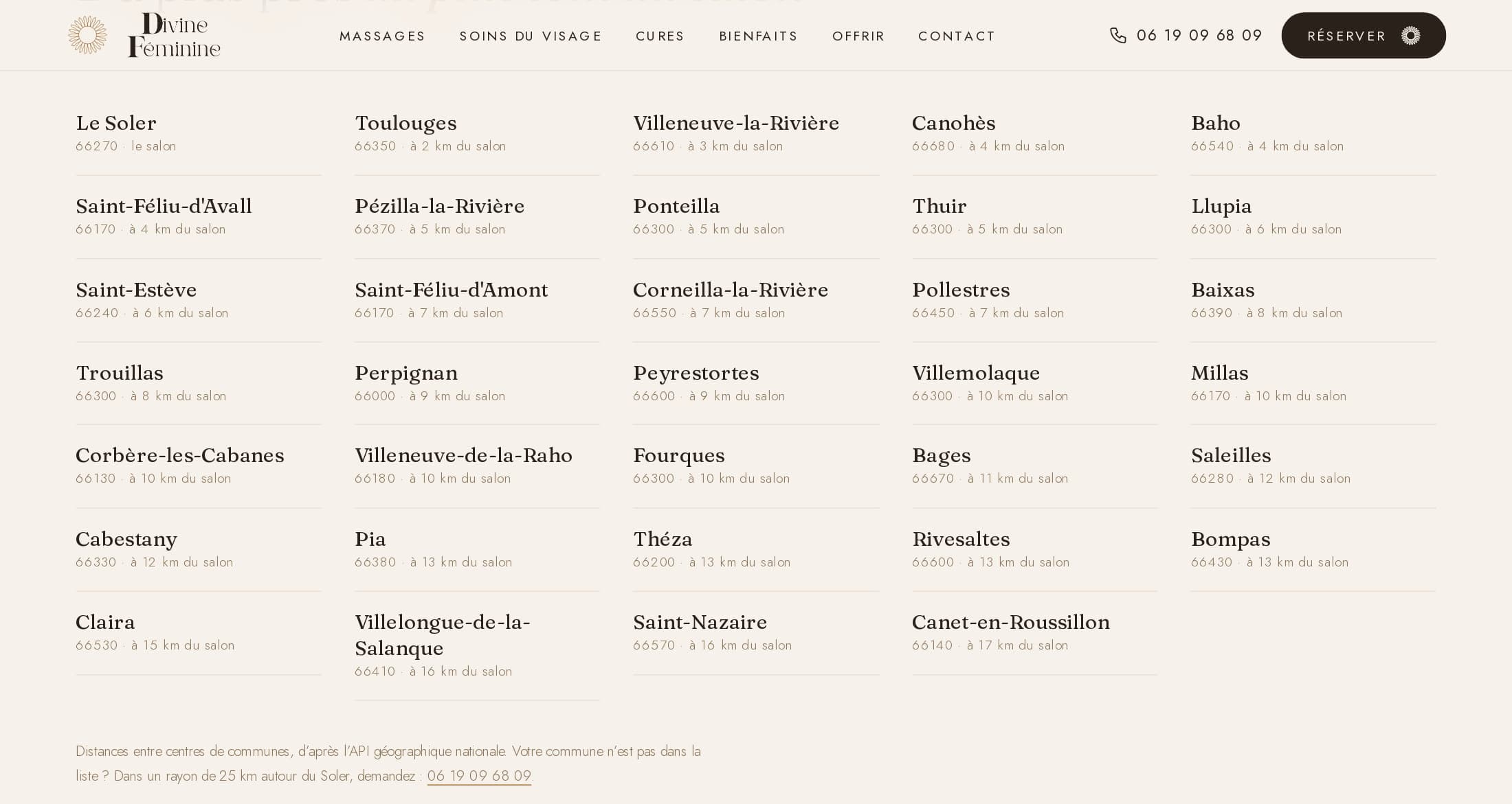 Page « Massage à domicile » : liste des 34 communes desservies sur cinq colonnes, chacune avec son code postal et sa distance au salon du Soler