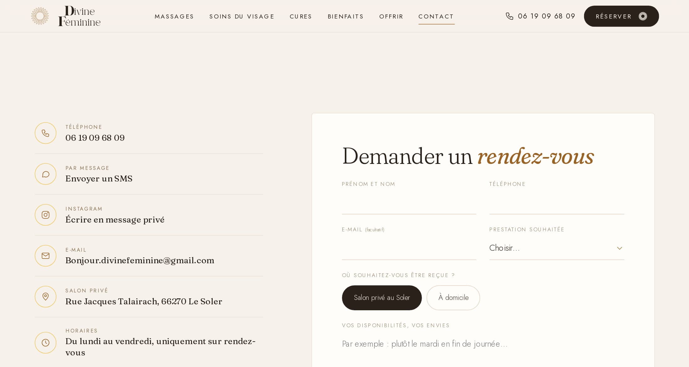 Nouvelle page Contact : à gauche téléphone, SMS, Instagram, e-mail, adresse du salon et horaires ; à droite le formulaire « Demander un rendez-vous » aux champs soulignés, choix Salon privé au Soler ou À domicile