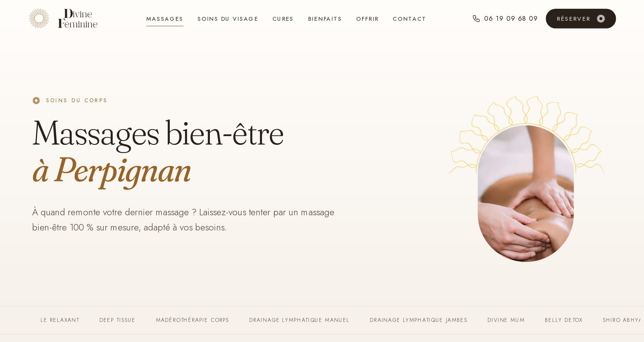 Nouvelle page Massages : titre « Massages bien-être à Perpignan », photo en galet vertical couronnée de rayons, sommaire des dix soins en bas d’écran