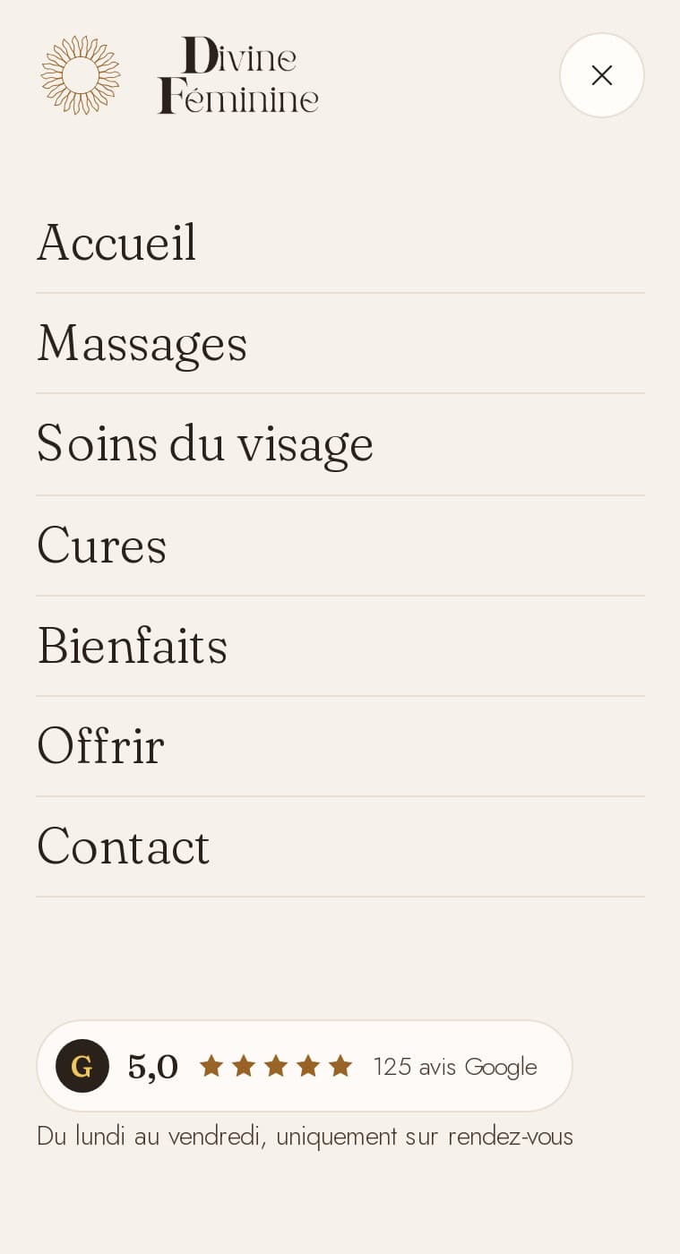Menu mobile plein écran : Accueil, Massages, Soins du visage, Cures, Bienfaits, Offrir, Contact, puis la pastille 5,0 — 125 avis Google