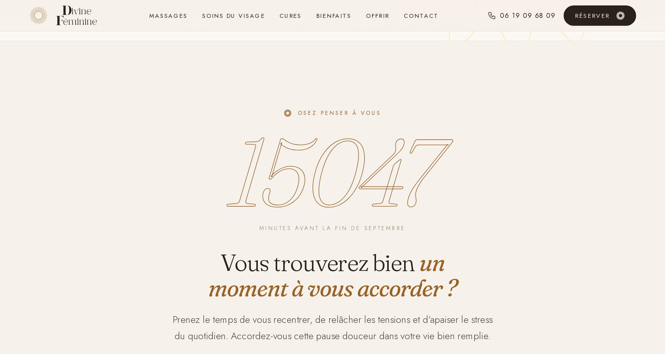 Section « Osez penser à vous » : le nombre 15 047 en très grands chiffres italiques au trait ambre, légende « minutes avant la fin de septembre », puis « Vous trouverez bien un moment à vous accorder ? »