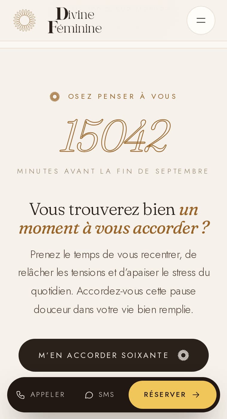 Le compteur de minutes sur mobile, la question de Laura et le bouton « M’en accorder soixante », barre d’action en bas