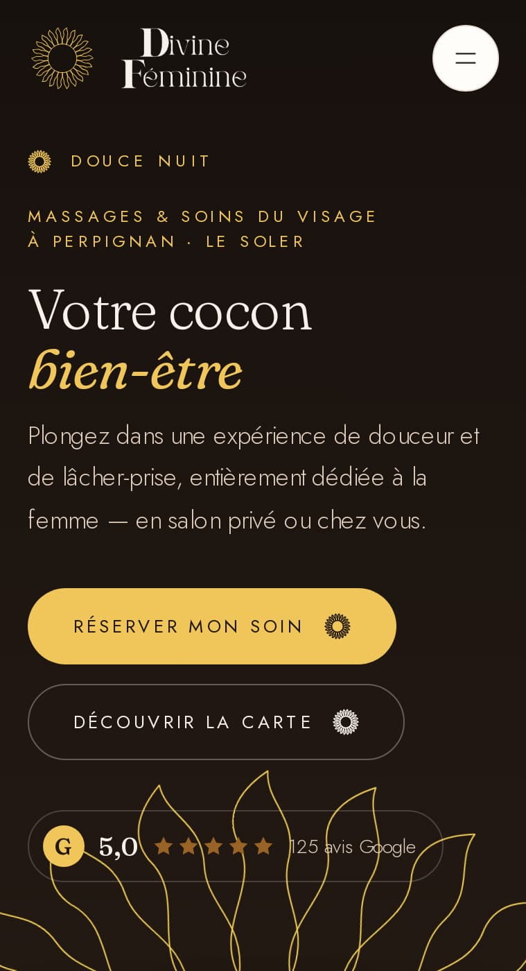 Accueil sur mobile en ambiance de nuit : « Douce nuit », fond brun profond, bouton Réserver mon soin jaune, rayons dorés en bas d’écran