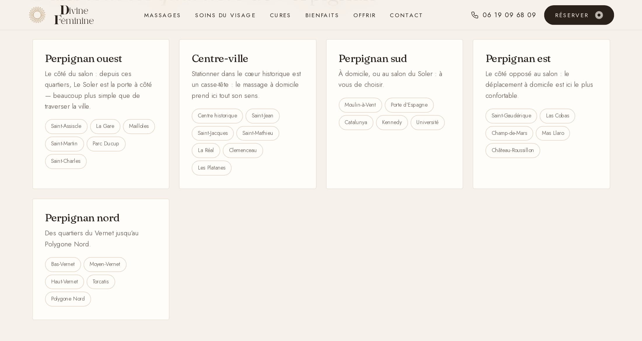 Page Massage à Perpignan : cinq cartes — Perpignan ouest, Centre-ville, sud, est et nord — avec pour chacune une phrase et ses quartiers en pastilles