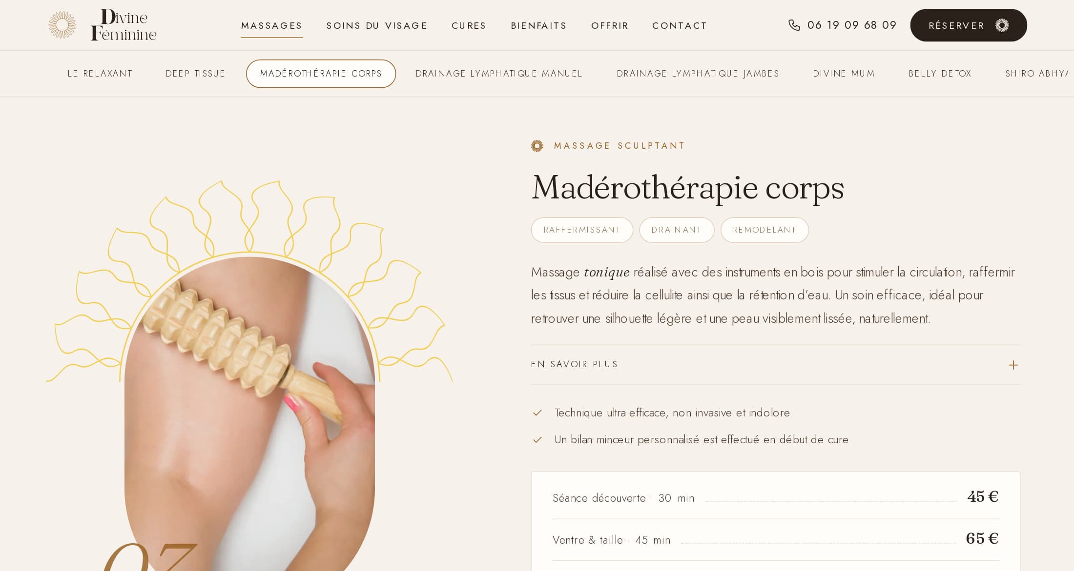 Fiche « Madérothérapie corps » : sommaire des soins avec la pastille active, photo en galet couronnée de rayons, qualités du soin en pastilles, texte, puis grille de tarifs à pointillés