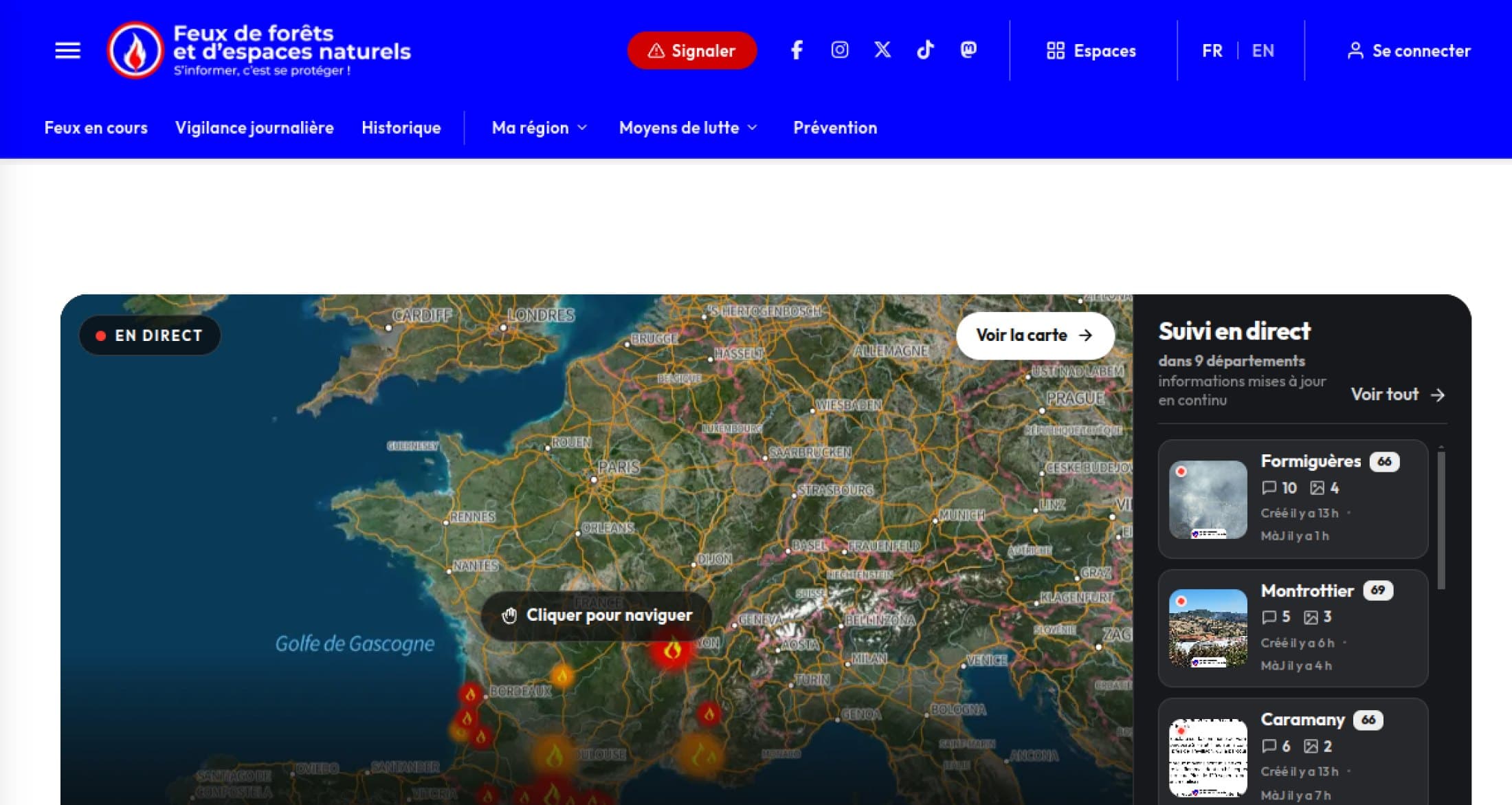 Site feuxdeforet.fr : en-tête, carte de France en temps réel et suivi des feux en cours