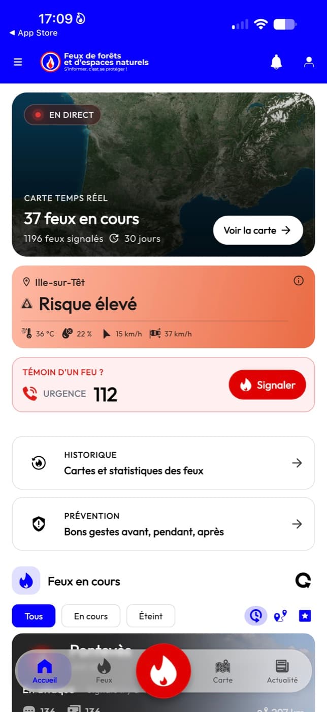 Accueil de l’application Feux de Forêt : carte temps réel, niveau de risque local et bouton de signalement
