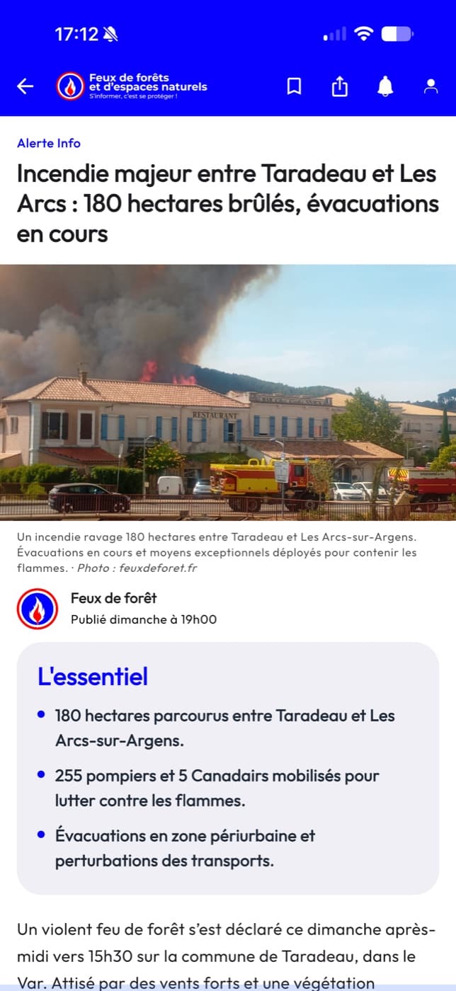 Article d’alerte info sur l’incendie entre Taradeau et Les Arcs, avec le résumé « L’essentiel »
