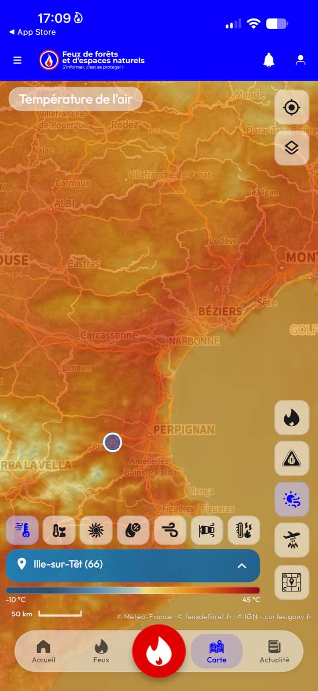 Carte de l’application avec la couche température de l’air et les commandes de couches météo