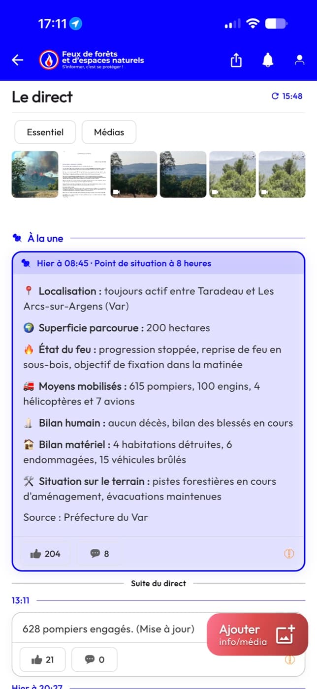 Le direct d’un feu : point de situation détaillé, médias, réactions et bouton d’ajout d’information