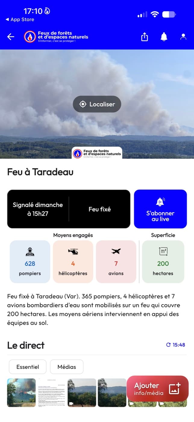 Fiche du feu de Taradeau : statut fixé, 628 pompiers, 4 hélicoptères, 7 avions, 200 hectares