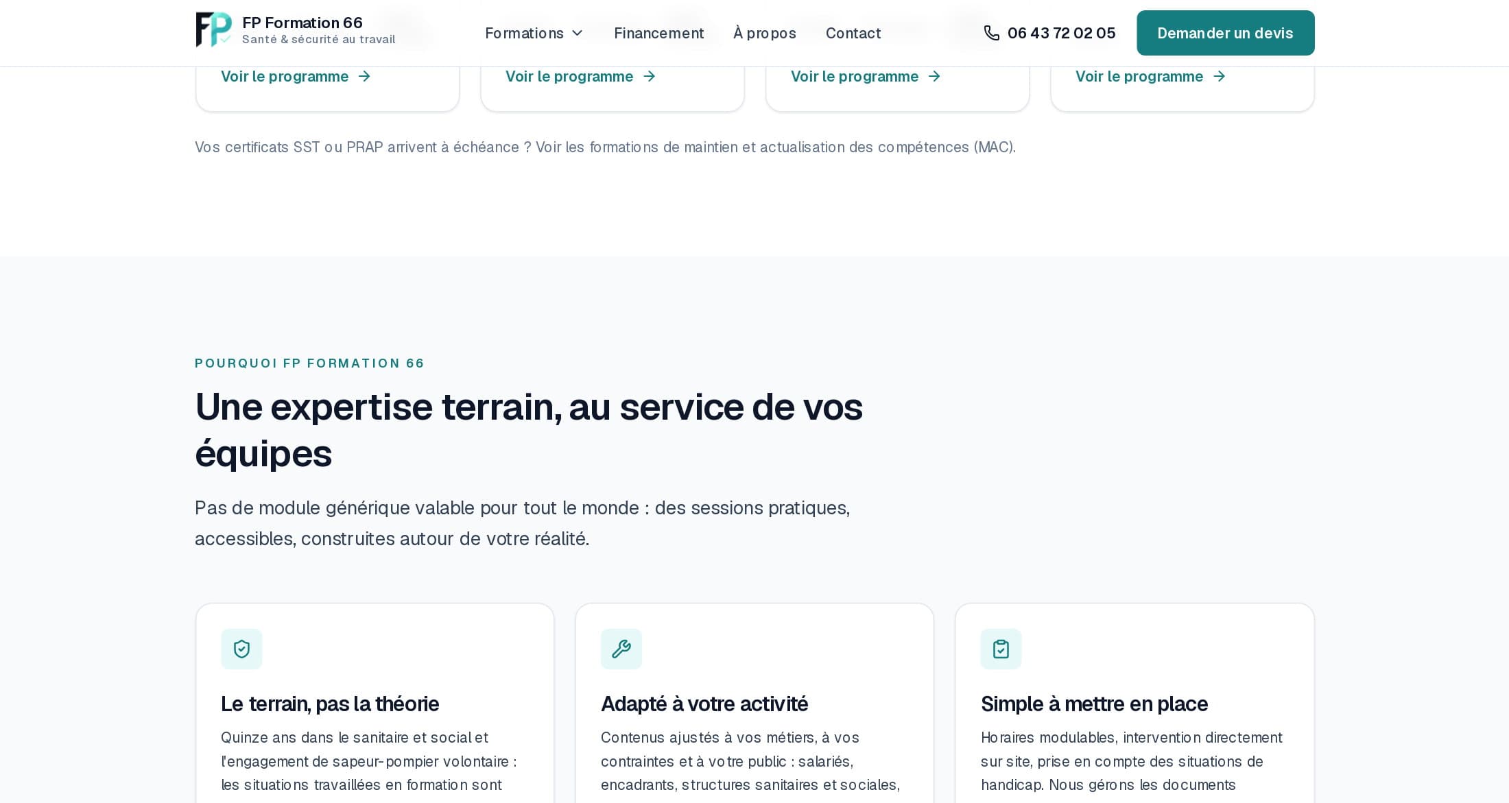 Section « Une expertise terrain, au service de vos équipes » sur l’accueil de fpformation66.fr : trois arguments illustrés